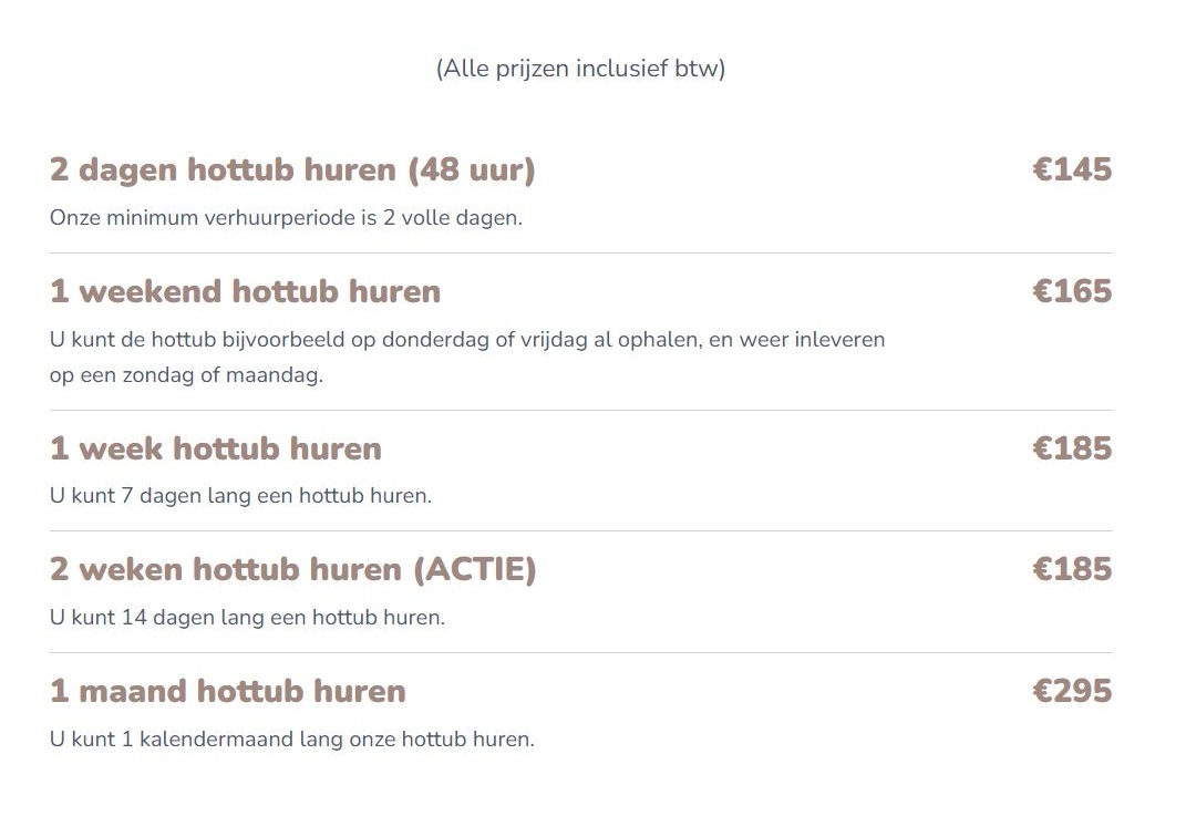 tarieven lijst voor de homepage