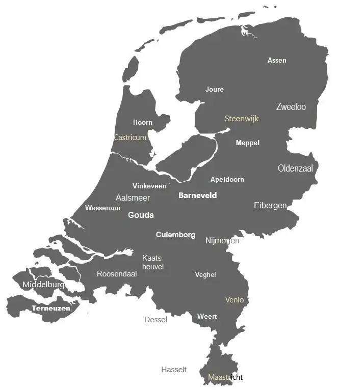 Kaart van Nederland met provincies en onze verhuurlocaties om een hottub te huren