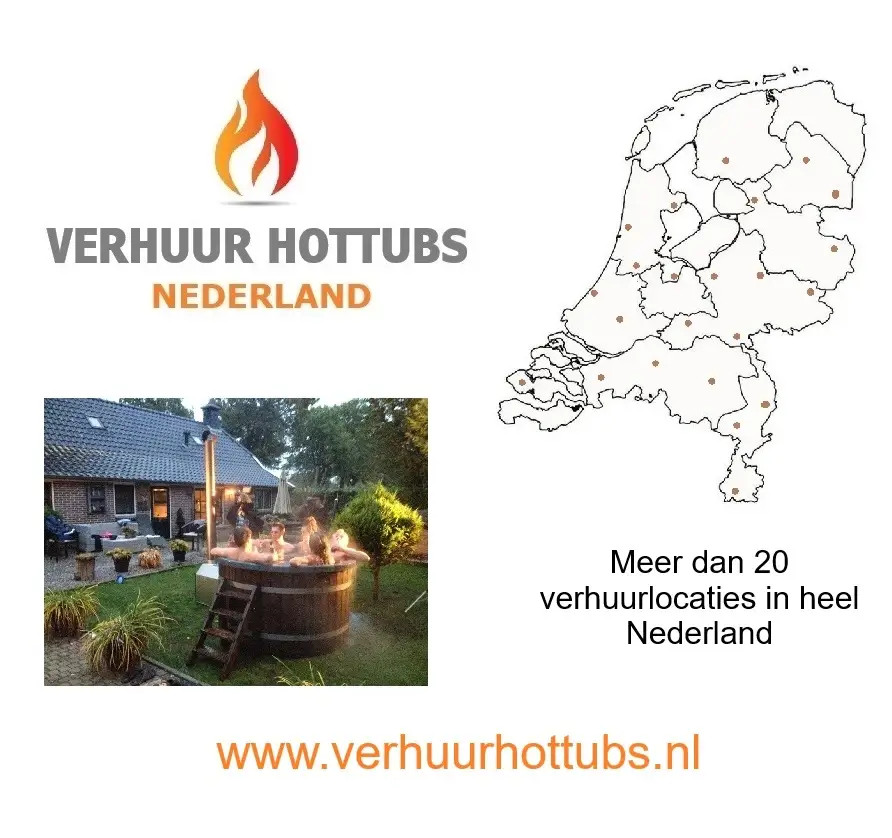 Kaart van Nederland en sfeerplaatje van hottub verhuur in Nederland