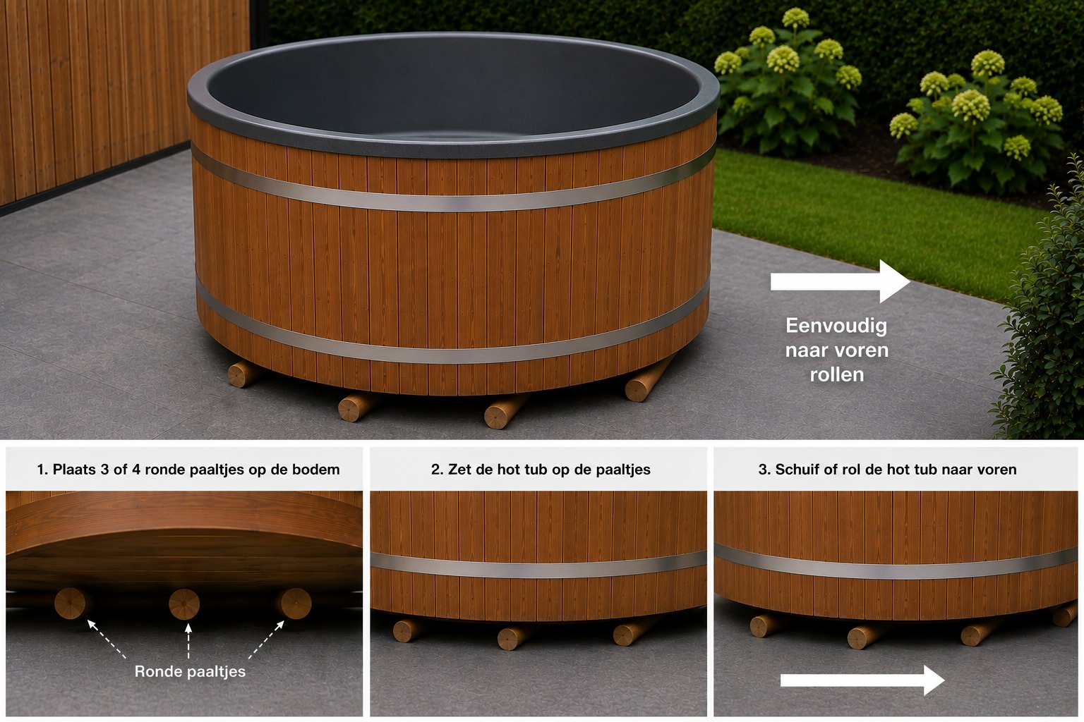 Hottub verplaatsen naar eindplek met 4 ronde paaltjes en dan rollen