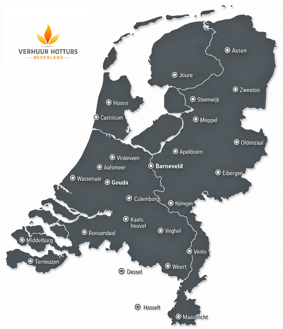 Kaart van Nederland met provincies en onze verhuurlocaties om een hottub te huren