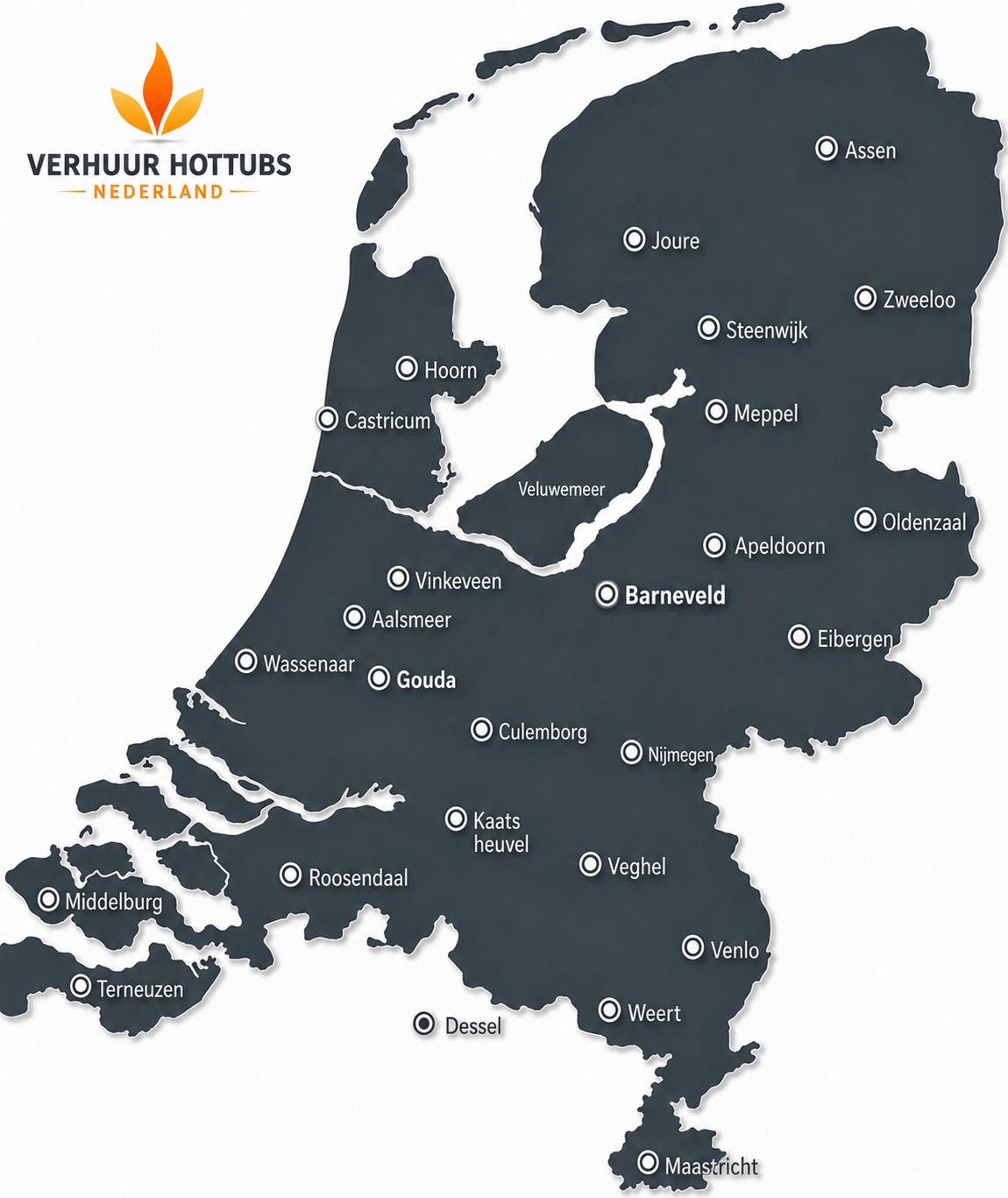 Kaart van Nederland met provincies en onze verhuurlocaties om een hottub te huren