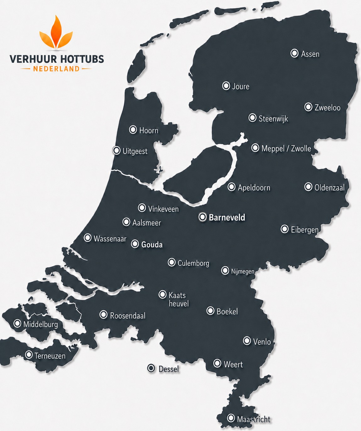 Kaart van Nederland met provincies en onze verhuurlocaties om een hottub te huren