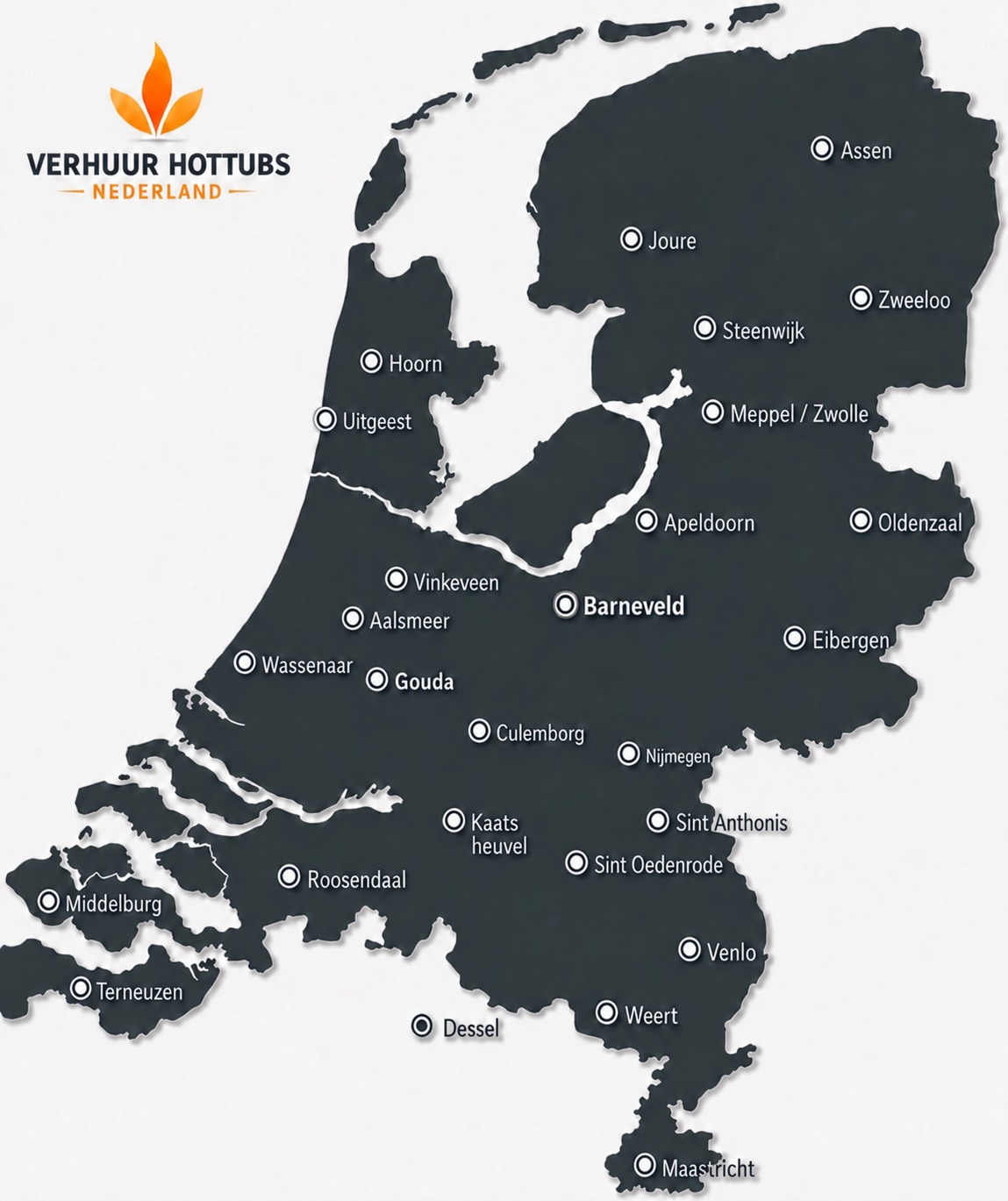Kaart van Nederland met provincies en onze verhuurlocaties om een hottub te huren